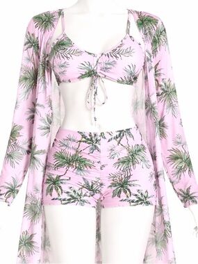 Women’s Size M Three Piece Swimsuit Pink Open Front Coverup Tropical Boy Shorts